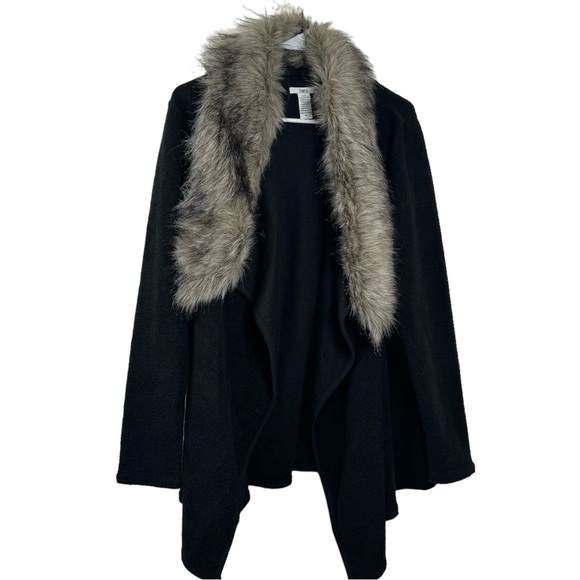 Bar III Cotton Wool Blend Black Cardigan Sweater with removable faux fur Size M - Picture 1 of 9